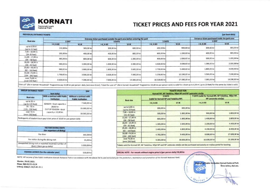 bootsanmeldung kroatien preise kornati nationalpark 2021